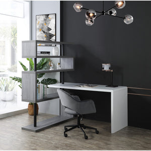 HomeRoots 93" Versatile White and Gray L-Shape Writing Desk with Metal Frame & Open Shelving for Home Office 543806