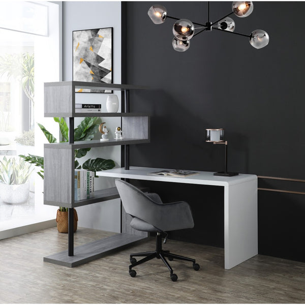 HomeRoots 93" Versatile White and Gray L-Shape Writing Desk with Metal Frame & Open Shelving for Home Office 543806