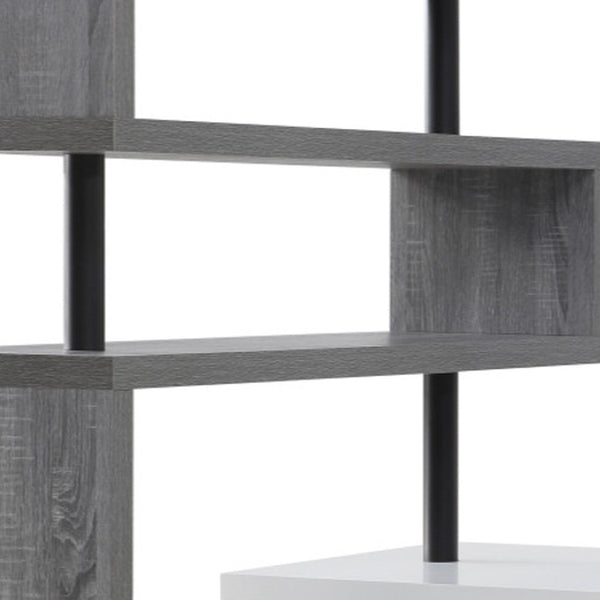 HomeRoots 93" Versatile White and Gray L-Shape Writing Desk with Metal Frame & Open Shelving for Home Office 543806