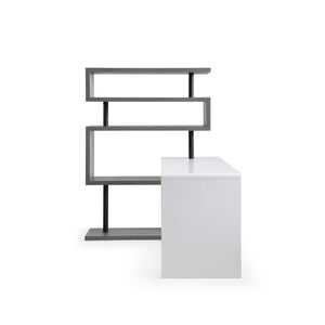 HomeRoots 93" Versatile White and Gray L-Shape Writing Desk with Metal Frame & Open Shelving for Home Office 543806