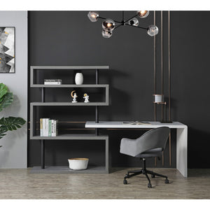 HomeRoots 93" Versatile White and Gray L-Shape Writing Desk with Metal Frame & Open Shelving for Home Office 543806