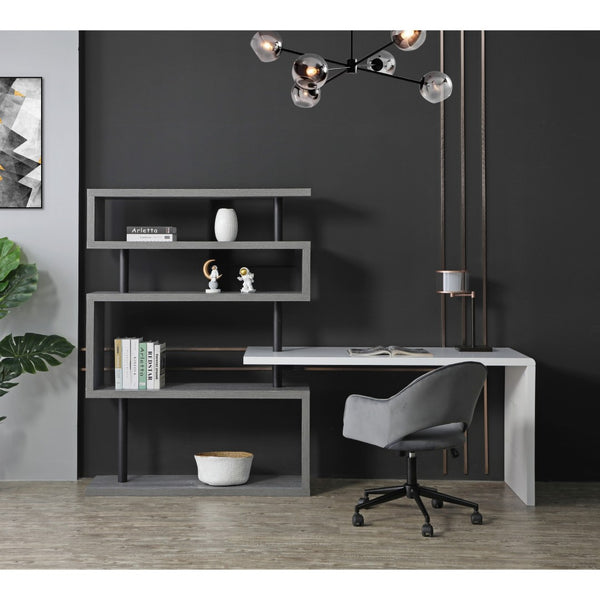 HomeRoots 93" Versatile White and Gray L-Shape Writing Desk with Metal Frame & Open Shelving for Home Office 543806