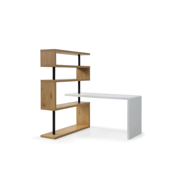 HomeRoots 93" L-Shaped Writing Desk with White Finish, Natural Wood Accents & Metal Frame for Home Office 543808