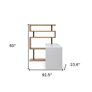 HomeRoots 93" L-Shaped Writing Desk with White Finish, Natural Wood Accents & Metal Frame for Home Office 543808