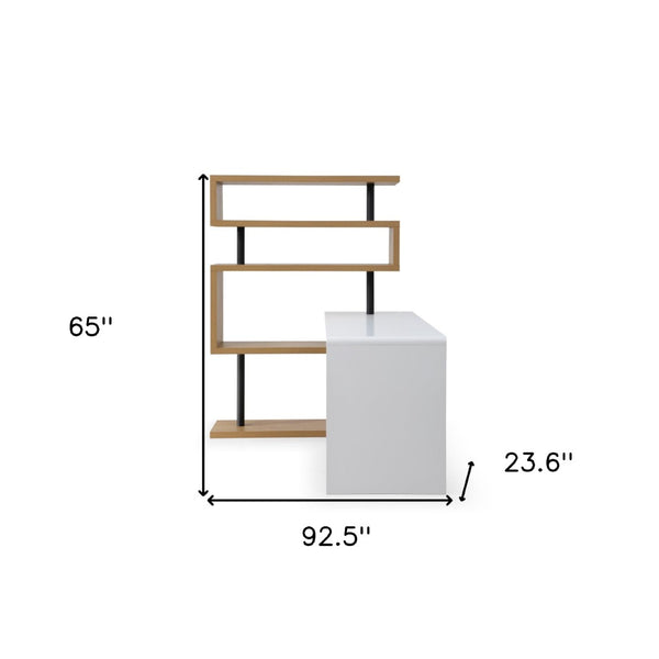 HomeRoots 93" L-Shaped Writing Desk with White Finish, Natural Wood Accents & Metal Frame for Home Office 543808