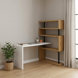 HomeRoots 93" L-Shaped Writing Desk with White Finish, Natural Wood Accents & Metal Frame for Home Office 543808