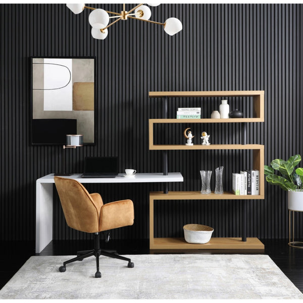 HomeRoots 93" L-Shaped Writing Desk with White Finish, Natural Wood Accents & Metal Frame for Home Office 543808