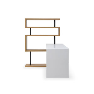 HomeRoots 93" L-Shaped Writing Desk with White Finish, Natural Wood Accents & Metal Frame for Home Office 543808