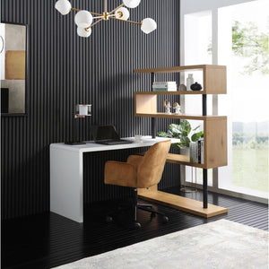 HomeRoots 93" L-Shaped Writing Desk with White Finish, Natural Wood Accents & Metal Frame for Home Office 543808