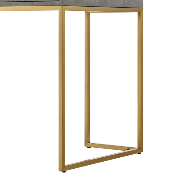 HomeRoots 45" Gray and Gold Writing Desk – Modern Wood & Stainless Steel Design with Two Storage Drawers 543809