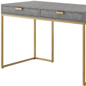 HomeRoots 45" Gray and Gold Writing Desk – Modern Wood & Stainless Steel Design with Two Storage Drawers 543809