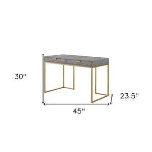 HomeRoots 45" Gray and Gold Writing Desk – Modern Wood & Stainless Steel Design with Two Storage Drawers 543809