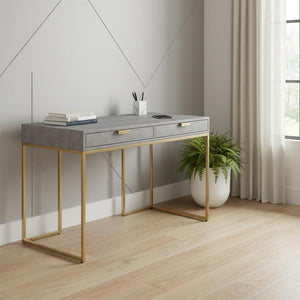 HomeRoots 45" Gray and Gold Writing Desk – Modern Wood & Stainless Steel Design with Two Storage Drawers 543809