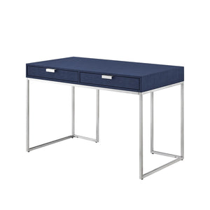 HomeRoots 45" Navy Blue and Silver Writing Desk - Modern Mixed-Material Office Furniture with Two Drawers 543810