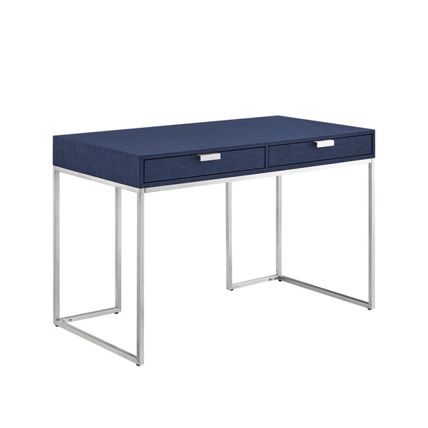HomeRoots 45" Navy Blue and Silver Writing Desk - Modern Mixed-Material Office Furniture with Two Drawers 543810