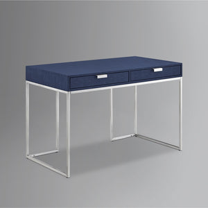 HomeRoots 45" Navy Blue and Silver Writing Desk - Modern Mixed-Material Office Furniture with Two Drawers 543810