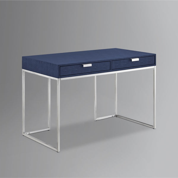 HomeRoots 45" Navy Blue and Silver Writing Desk - Modern Mixed-Material Office Furniture with Two Drawers 543810