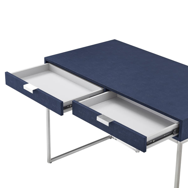 HomeRoots 45" Navy Blue and Silver Writing Desk - Modern Mixed-Material Office Furniture with Two Drawers 543810