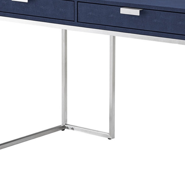 HomeRoots 45" Navy Blue and Silver Writing Desk - Modern Mixed-Material Office Furniture with Two Drawers 543810