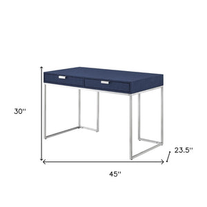 HomeRoots 45" Navy Blue and Silver Writing Desk - Modern Mixed-Material Office Furniture with Two Drawers 543810