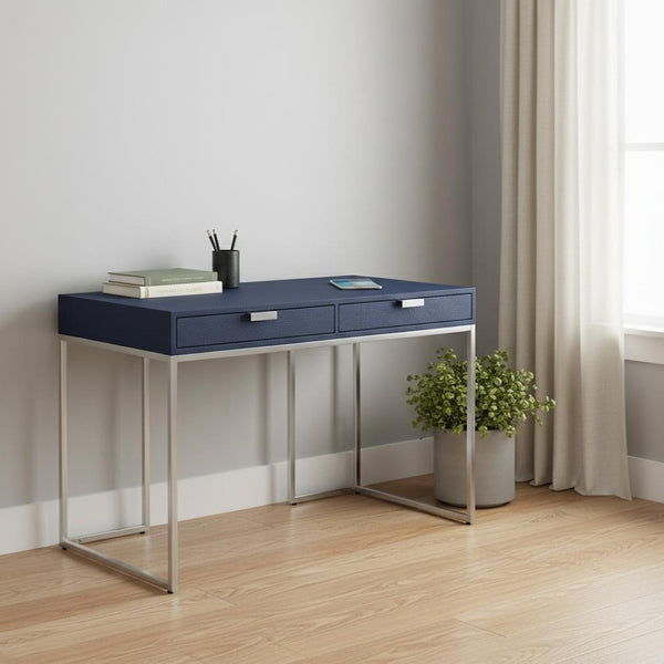HomeRoots 45" Navy Blue and Silver Writing Desk - Modern Mixed-Material Office Furniture with Two Drawers 543810