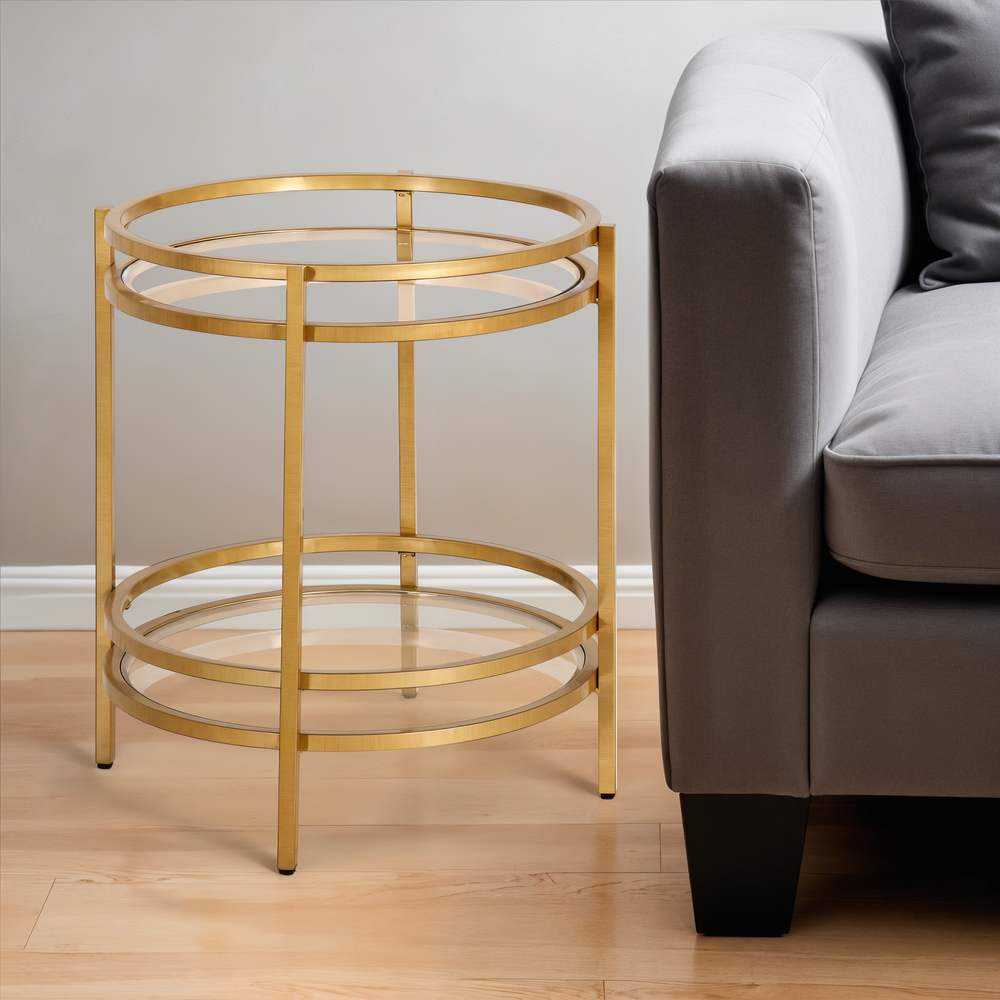 Homeroots 22" Brass And Clear Glass And Steel Round End Table With Shelf   543812