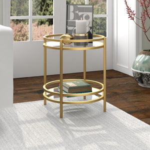 Homeroots 22" Brass And Clear Glass And Steel Round End Table With Shelf   543812
