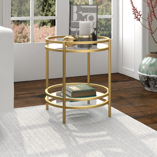 Homeroots 22" Brass And Clear Glass And Steel Round End Table With Shelf   543812