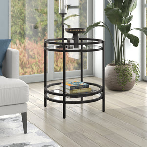 Homeroots 22" Black And Clear Glass And Steel Round End Table With Shelf   543813