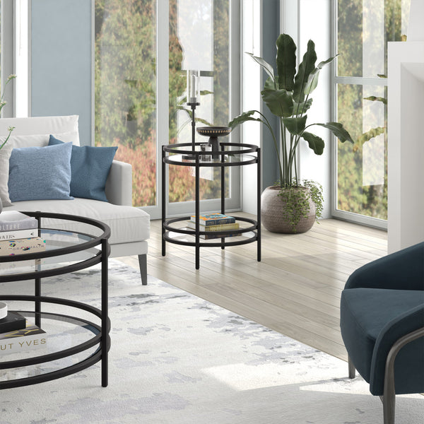 Homeroots 22" Black And Clear Glass And Steel Round End Table With Shelf   543813