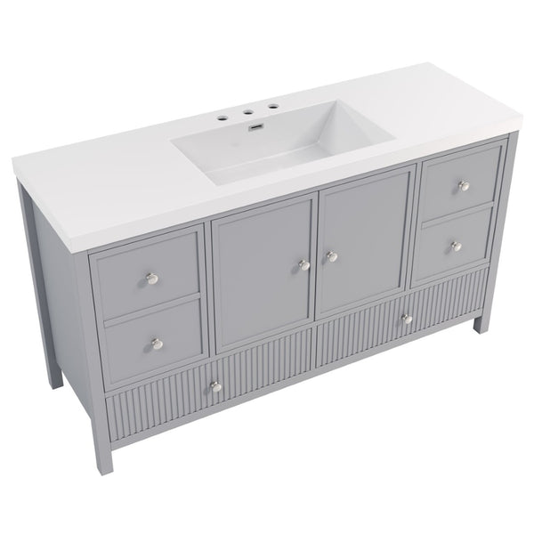 English Elm 60" Freestanding Bathroom Vanity Fluted Fronts Soft Close Drawers Drop-in Sink Blue Gray N817P404100B