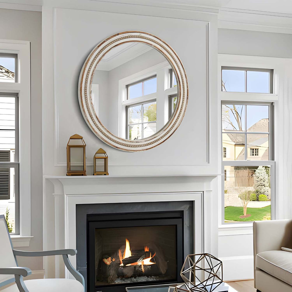 English Elm 23.62 Inches Rustic Round Wall Mirror – Vintage Beaded Frame For Bedroom, Living Room & Entryway Decor W2295P246675