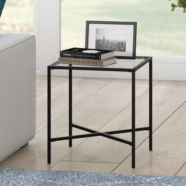 Homeroots 22" Black And Clear Glass And Steel Square End Table   543835