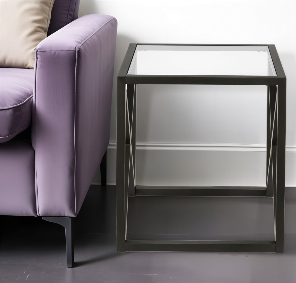 Homeroots 22" Black And Clear Glass And Steel Square End Table   543838