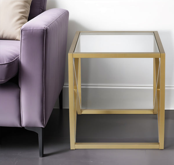 Homeroots 22" Brass And Clear Glass And Steel Square End Table   543839