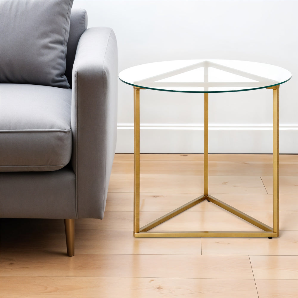 Homeroots 22" Brass And Clear Glass And Steel Round End Table   543841