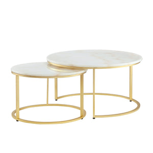 Homeroots Set Of Two 31" White And Gold Genuine Marble And Iron Round Nested Coffee Tables Gold  543849
