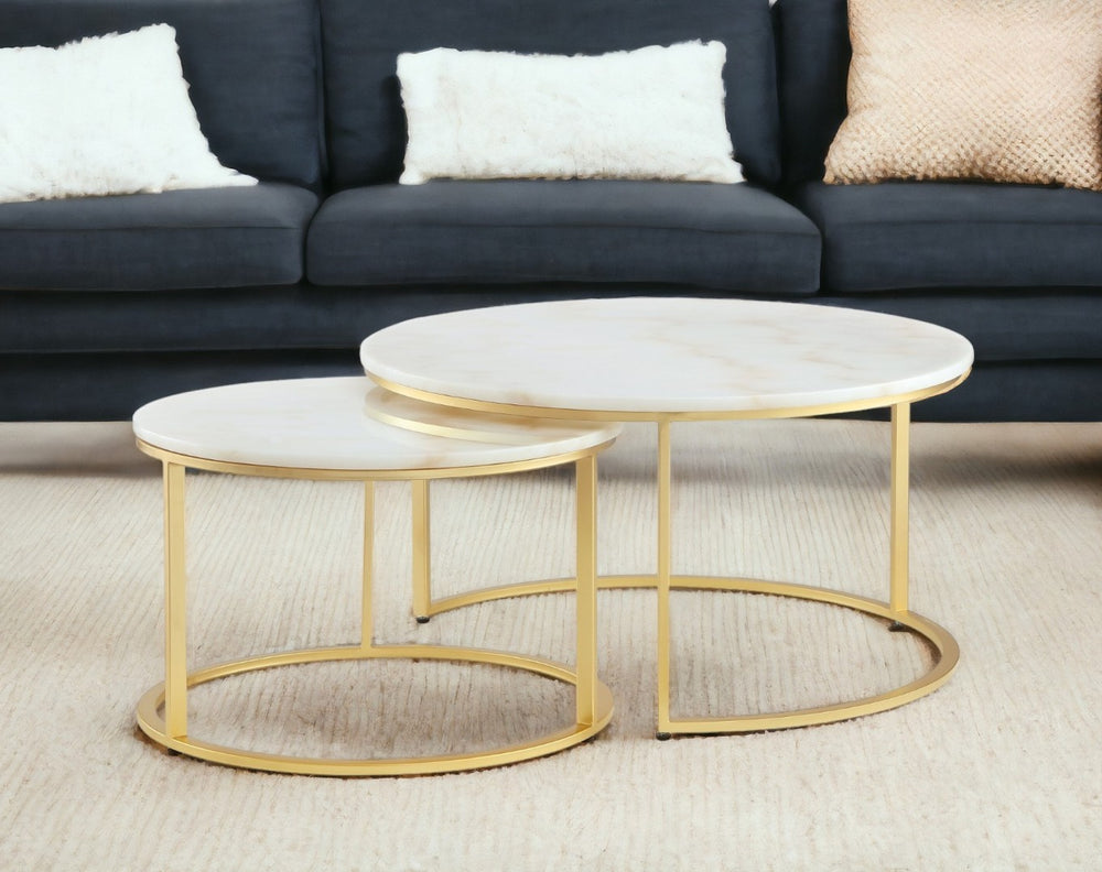 HomeRoots Set of Two 31" White And Marble Nested Round Coffee Tables for Stylish, Space-Saving Living Decor Gold 543849
