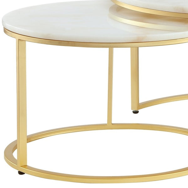 Homeroots Set Of Two 31" White And Gold Genuine Marble And Iron Round Nested Coffee Tables Gold  543849