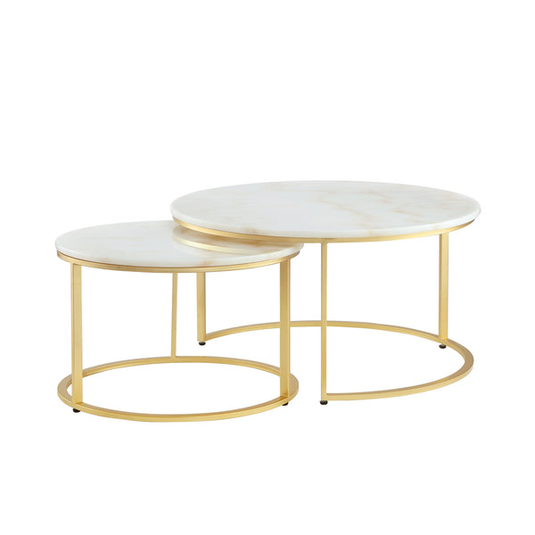 Homeroots Set Of Two 31" White And Gold Genuine Marble And Iron Round Nested Coffee Tables Gold  543849