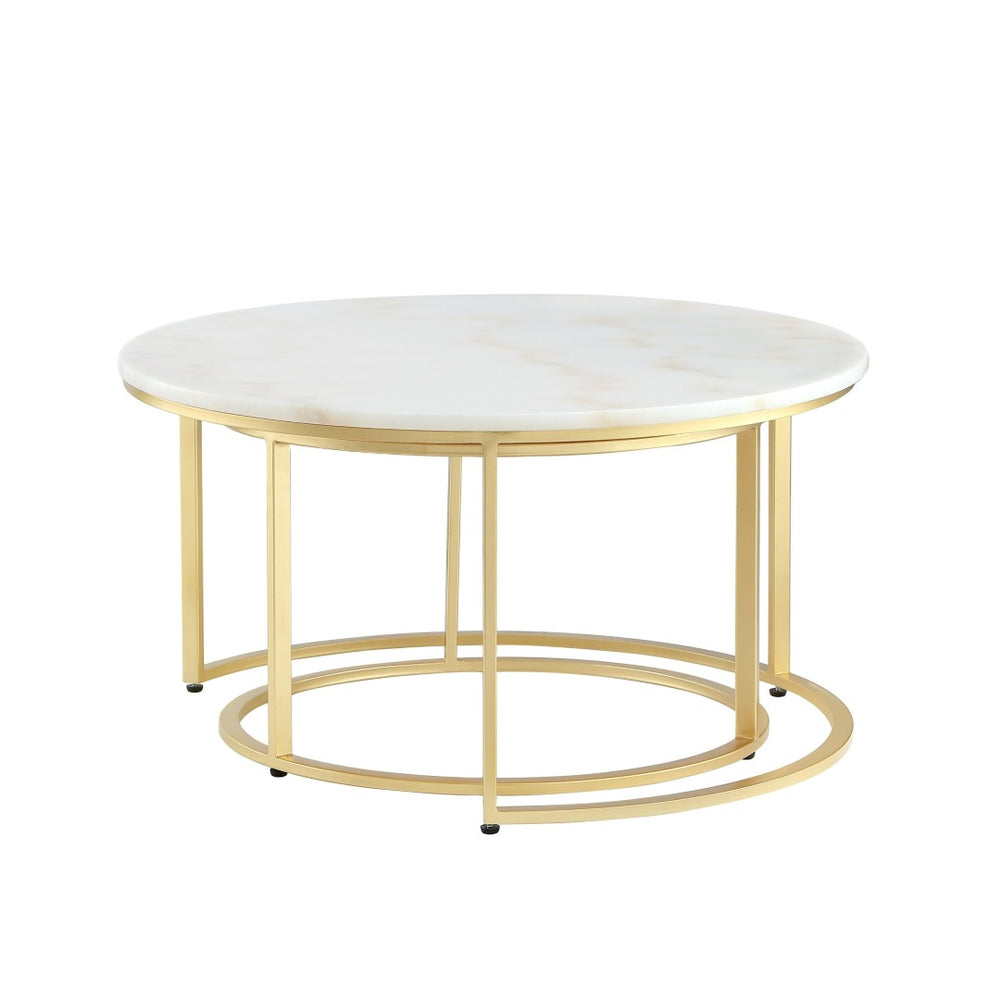 HomeRoots Set of Two 31" White And Marble Nested Round Coffee Tables for Stylish, Space-Saving Living Decor Gold 543849