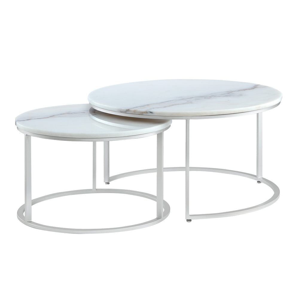Homeroots Set Of Two 31" White And Silver Genuine Marble And Iron Round Nested Coffee Tables Silver  543850