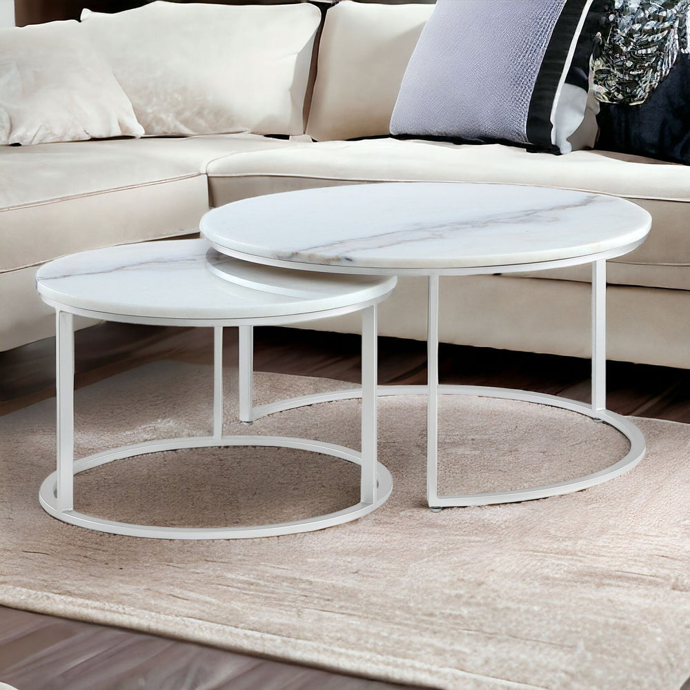 Homeroots Set Of Two 31" White And Silver Genuine Marble And Iron Round Nested Coffee Tables Silver  543850