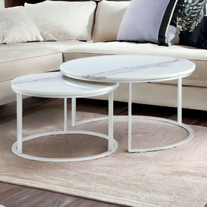 Homeroots Set Of Two 31" White And Silver Genuine Marble And Iron Round Nested Coffee Tables Silver  543850