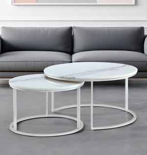 HomeRoots Set of Two 31" White And Marble Nested Round Coffee Tables for Stylish, Space-Saving Living Decor Silver 543850