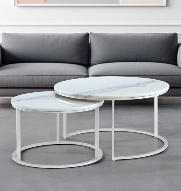 HomeRoots Set of Two 31" White And Marble Nested Round Coffee Tables for Stylish, Space-Saving Living Decor Silver 543850