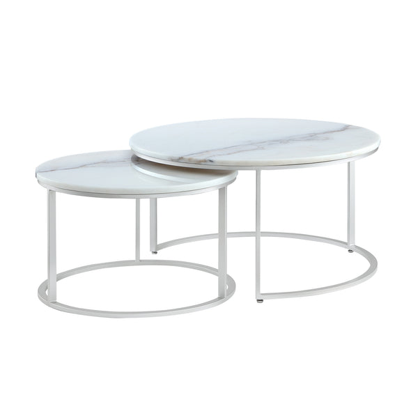 Homeroots Set Of Two 31" White And Silver Genuine Marble And Iron Round Nested Coffee Tables Silver  543850