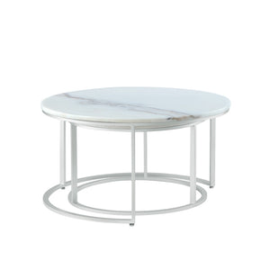 HomeRoots Set of Two 31" White And Marble Nested Round Coffee Tables for Stylish, Space-Saving Living Decor Silver 543850