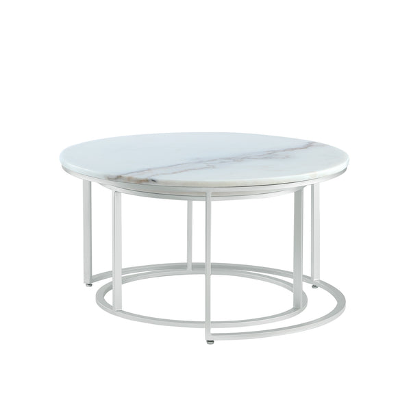 Homeroots Set Of Two 31" White And Silver Genuine Marble And Iron Round Nested Coffee Tables Silver  543850