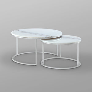 Homeroots Set Of Two 31" White And Silver Genuine Marble And Iron Round Nested Coffee Tables Silver  543850